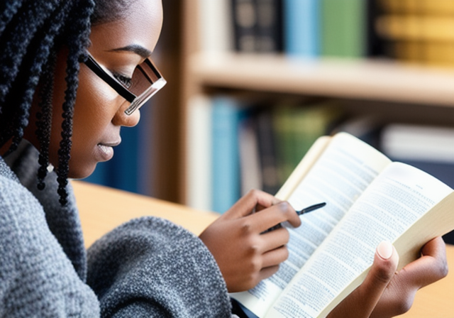 Person reading a book with a magnifying glass