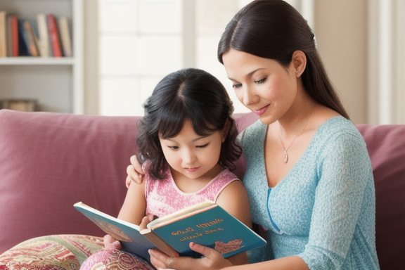 A loving stepmother reading a storybook to her stepchild
