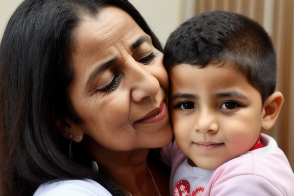 Mãe adotiva abraçando criança com amor e carinho