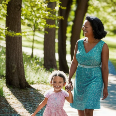 Loving stepmother and stepchild enjoying a walk in nature