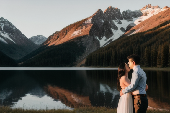 Casal abraçado em meio a uma paisagem serena