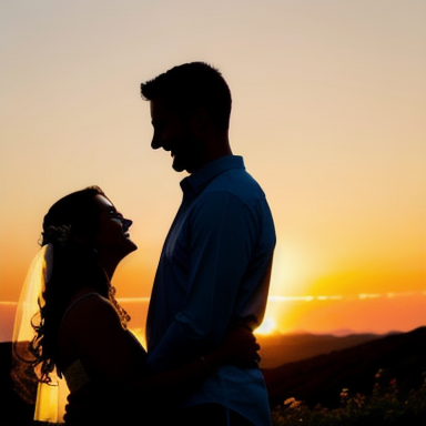 Casal feliz aproveitando o pôr do sol juntos