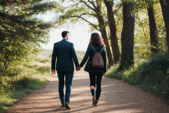 Casal de mãos dadas caminhando em uma bela trilha na natureza