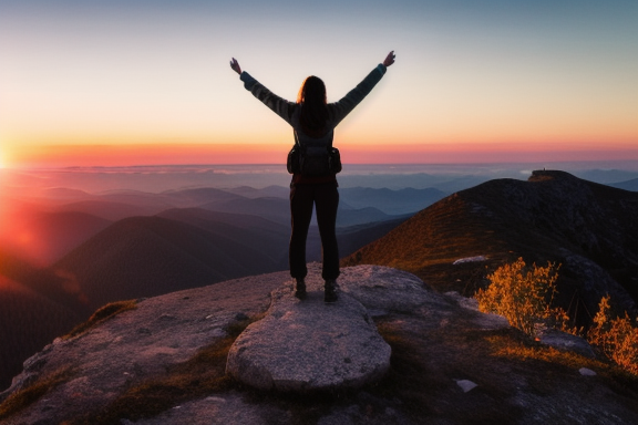 Pessoa em um monte, com os braços estendidos em rendição, com um belo pôr do sol ao fundo