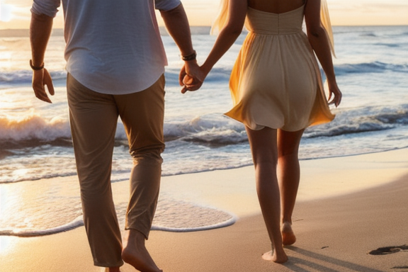 Casal caminhando de mãos dadas em uma praia ao pôr do sol