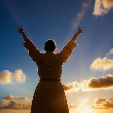 Image of a person with outstretched arms looking up towards the sky