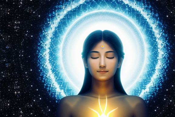 Imagem de uma pessoa com uma expressão tranquila, rodeada de luz, simbolizando uma consciência limpa e tranquilidade espiritual.